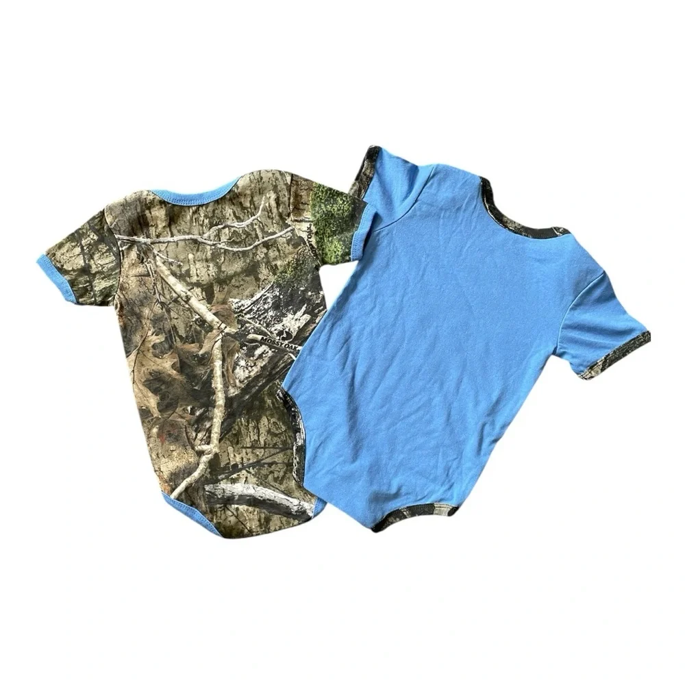 #368, Mossy Oak Blue and camo bundle of two baby bodysuits, size 24 mo